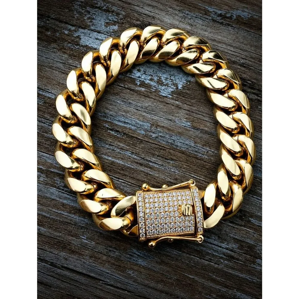 14k Gold Plated Lab Diamond Clasp Cuban Bracelet